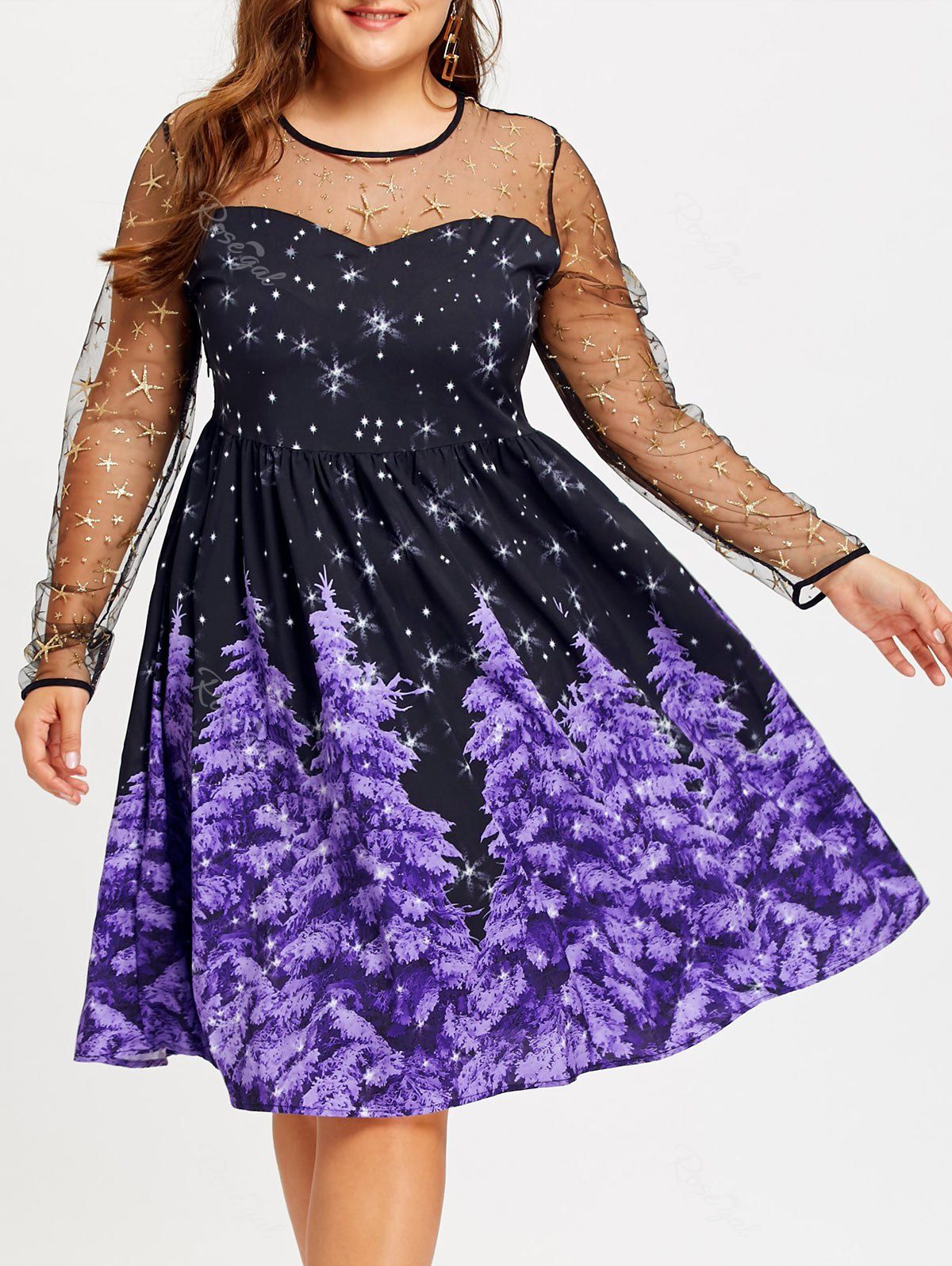 

Plus Size Mesh Panel Star and Christmas Tree Print Dress, Purple