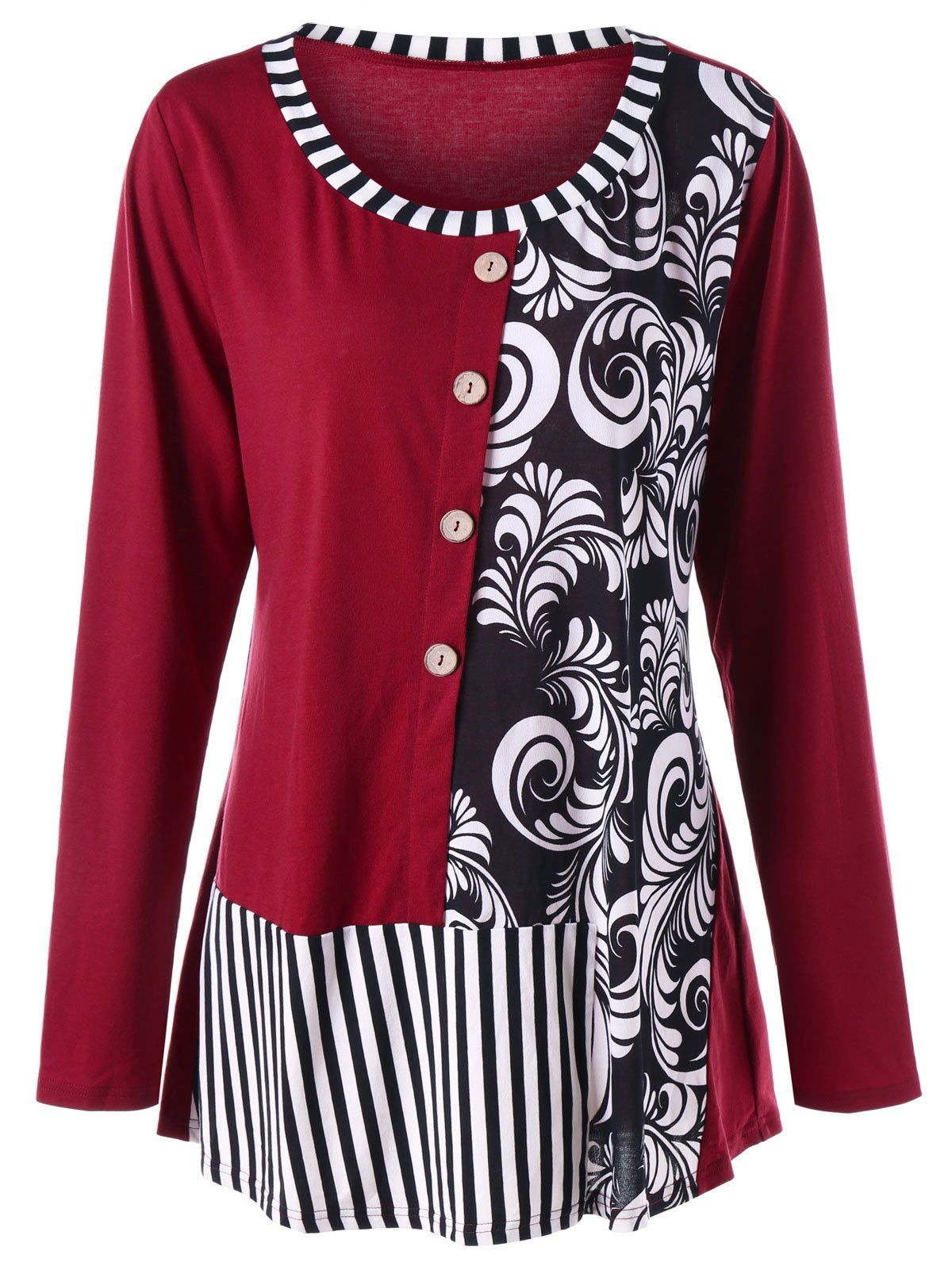 

Plus Size Bandana Floral Striped T-shirt, Wine red