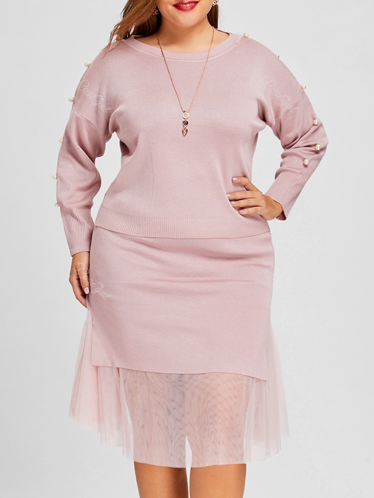 

Mesh Insert Maxi Plus Size Sweater, Pink