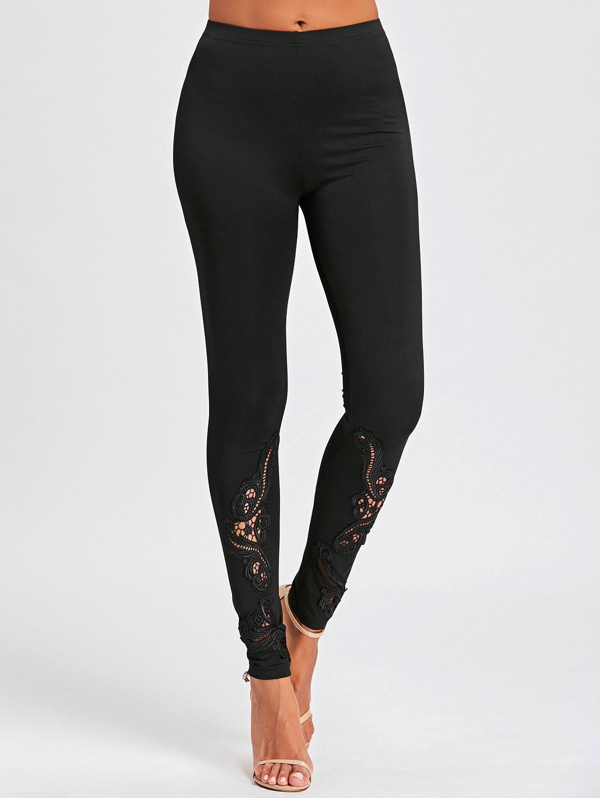 

Hollow Out Lace Panel Tight Leggings, Black