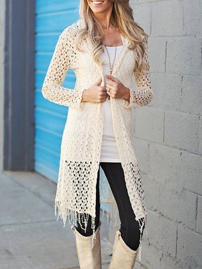 

Openwork Fringed Hooded Cardigan, Palomino