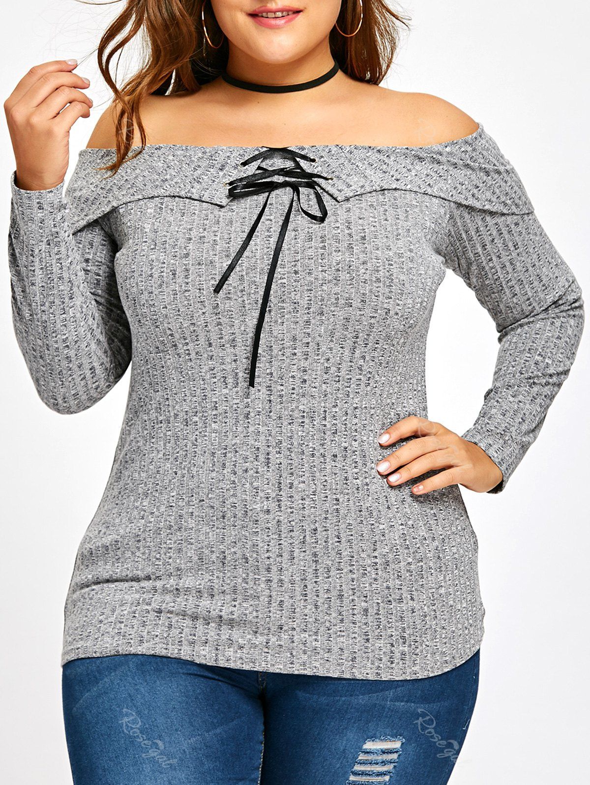 

Plus Size Off The Shoulder Foldover Knitwear, Gray