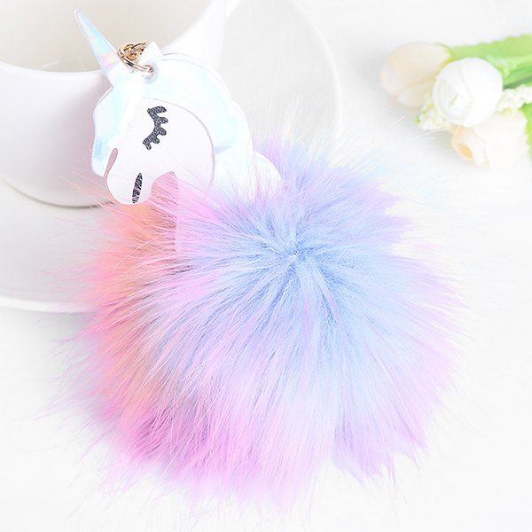 

PU Leather Fuzzy Ball Unicorne Keychain, White + purple