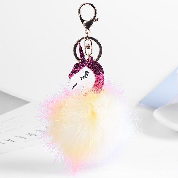 

PU Leather Fuzzy Ball Unicorn Keychain, Rose and orange