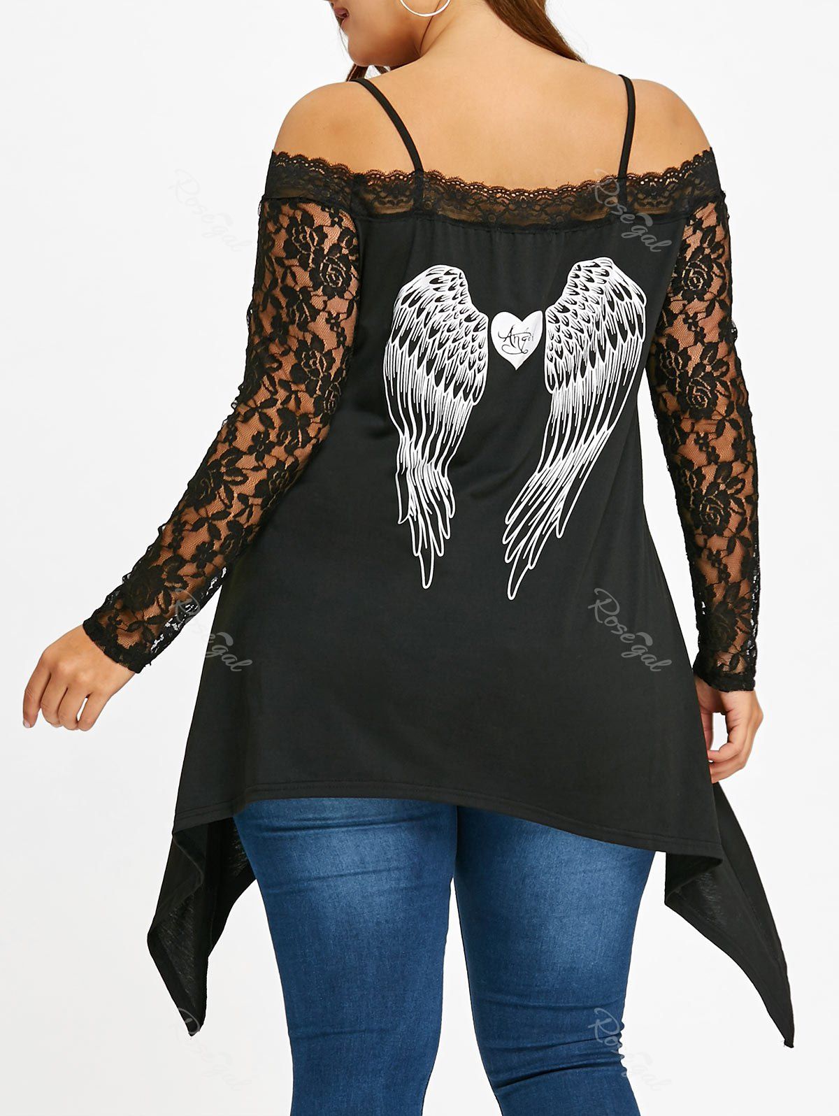 

Plus Size Lace Trim Wings Pattern Tunic Top, Black