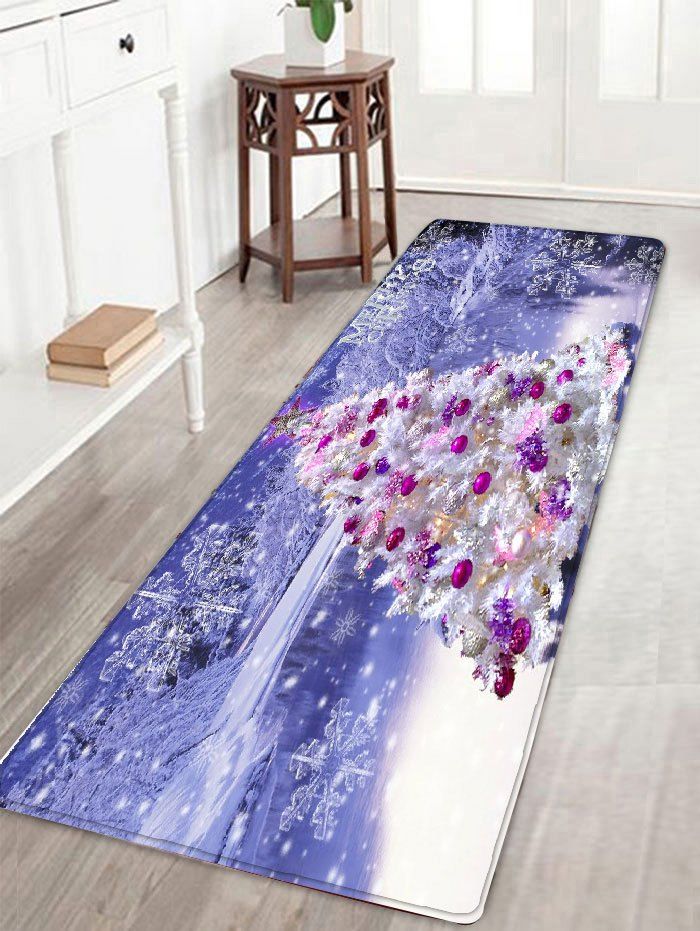 

Christmas Tree Snowscape Print Skidproof Flannel Bath Rug, Light purple