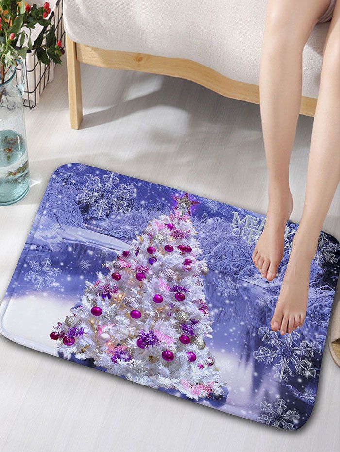 

Christmas Tree Snowscape Print Skidproof Flannel Bath Rug, Light purple