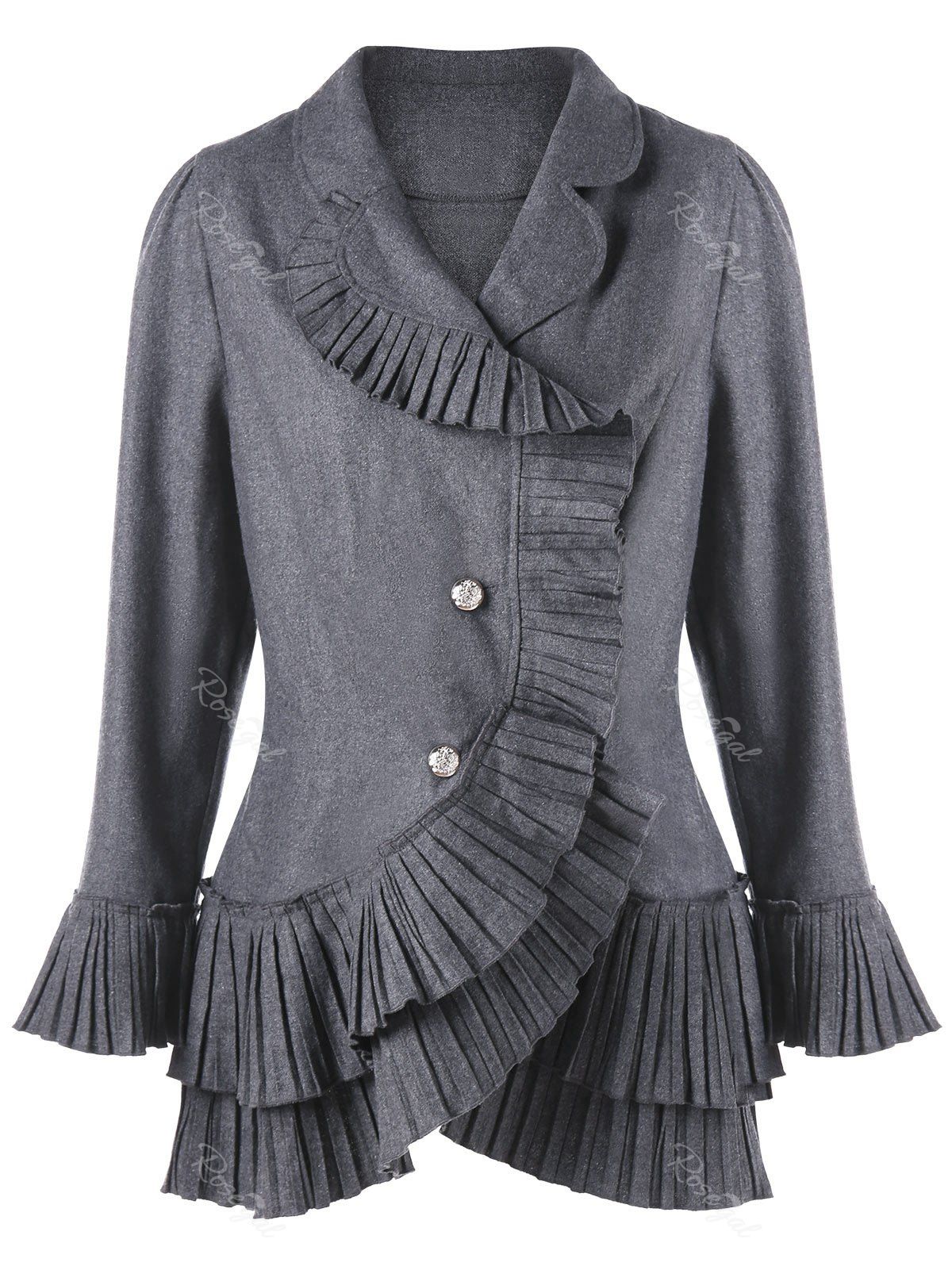 

Plus Size Flare Sleeve Pleated Flounce Asymmetric Blazer, Gray