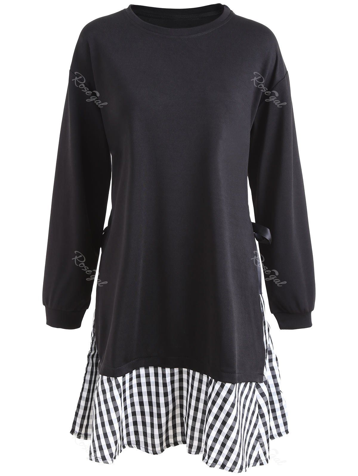 

Plaid Panel Plus Size Tunic Dress with Sleeves, Black