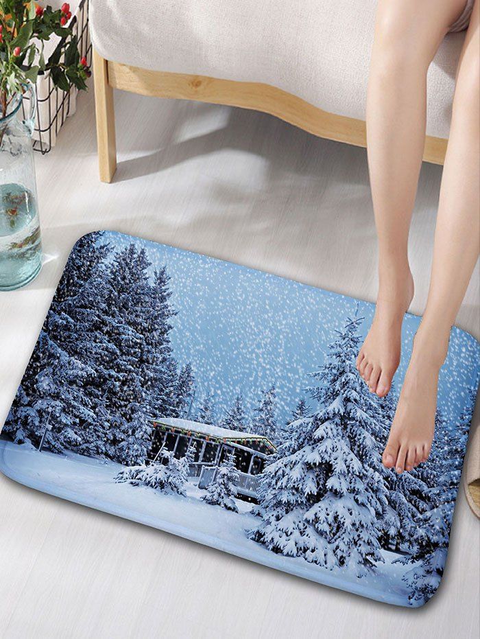 

Christmas Snowscape Print Flannel Nonslip Bathroom Rug, Light blue