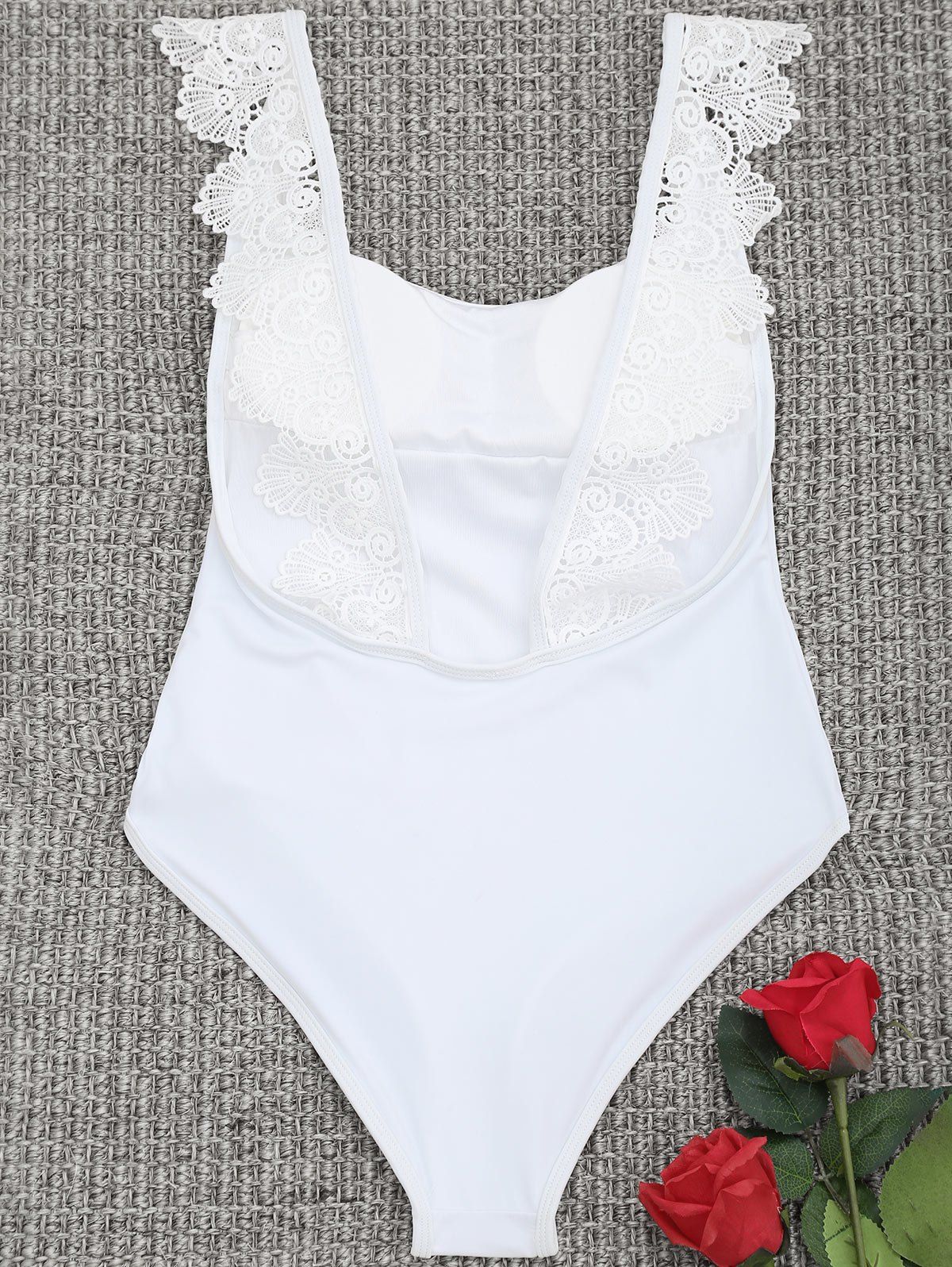 

Low Back One Piece Lace Trim Swimsuit, White