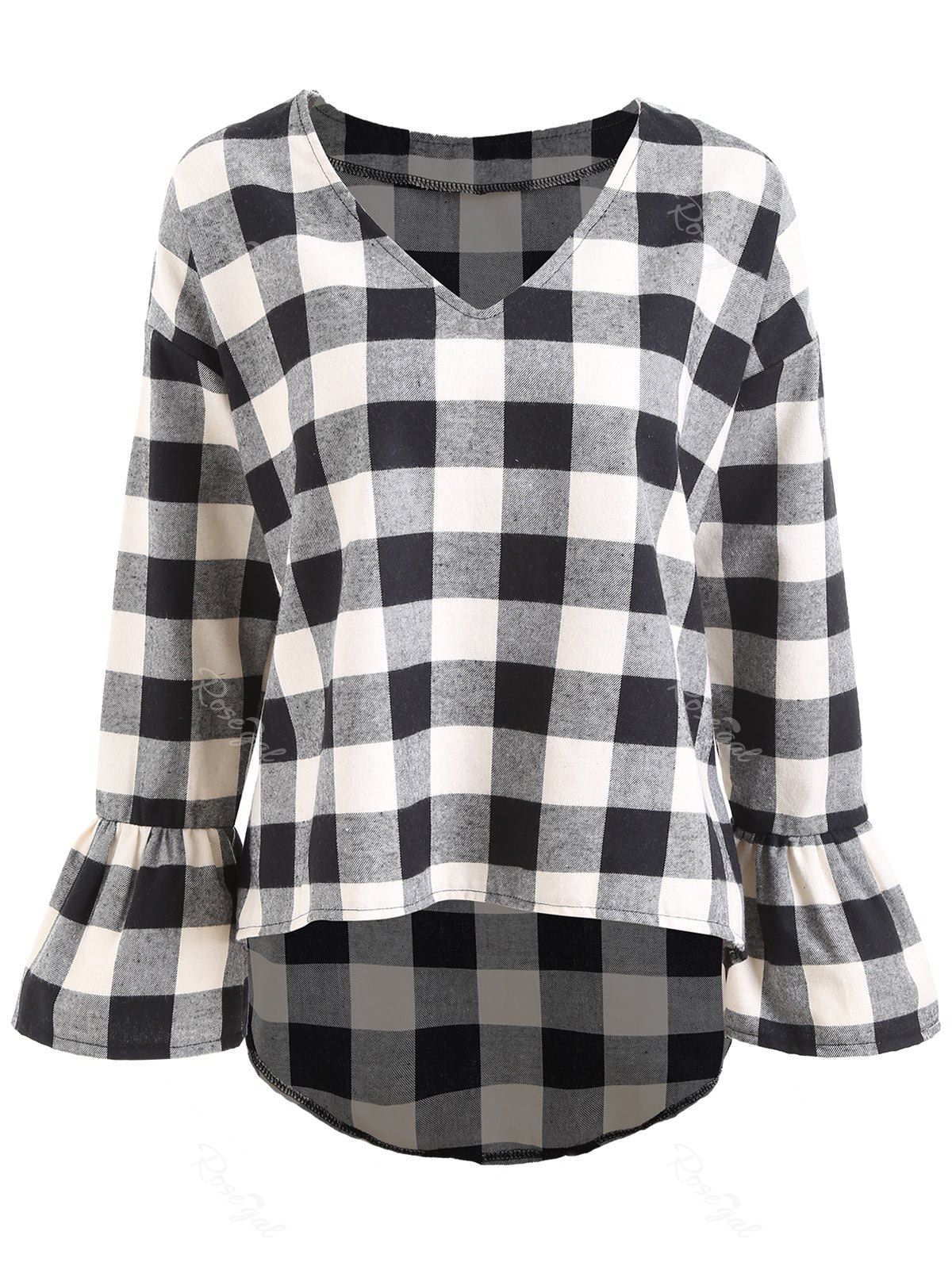 

Plus Size Flare Sleeve V Neck Plaid Top, Gray