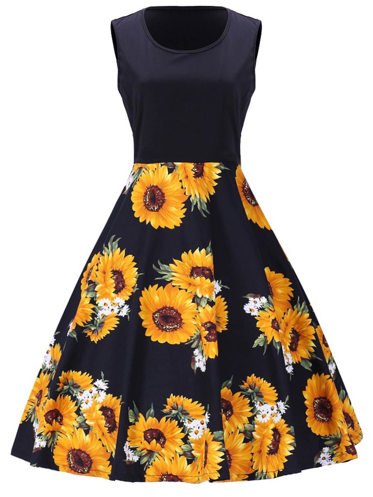 

Sunflower Print Sleeveless Vintage Dress, Black