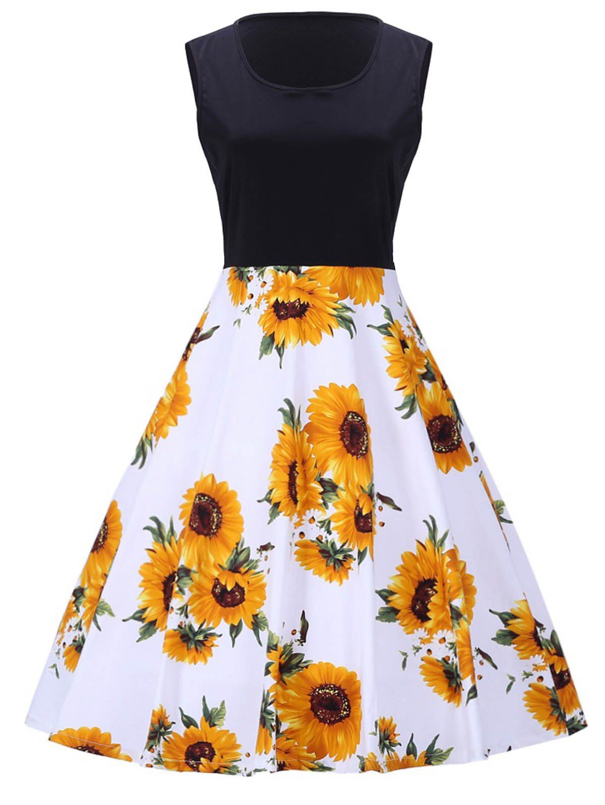 [26% OFF] Sunflower Print Sleeveless Vintage Dress | Rosegal