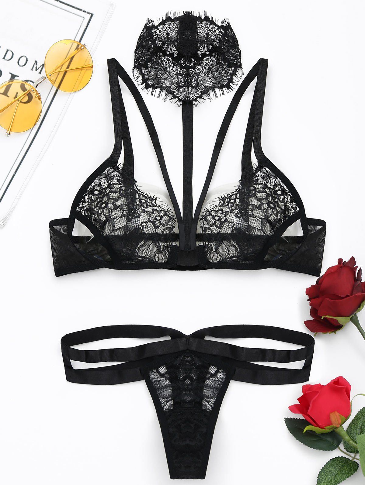 

Caged Choker Lace Bra and Panties Set, Black