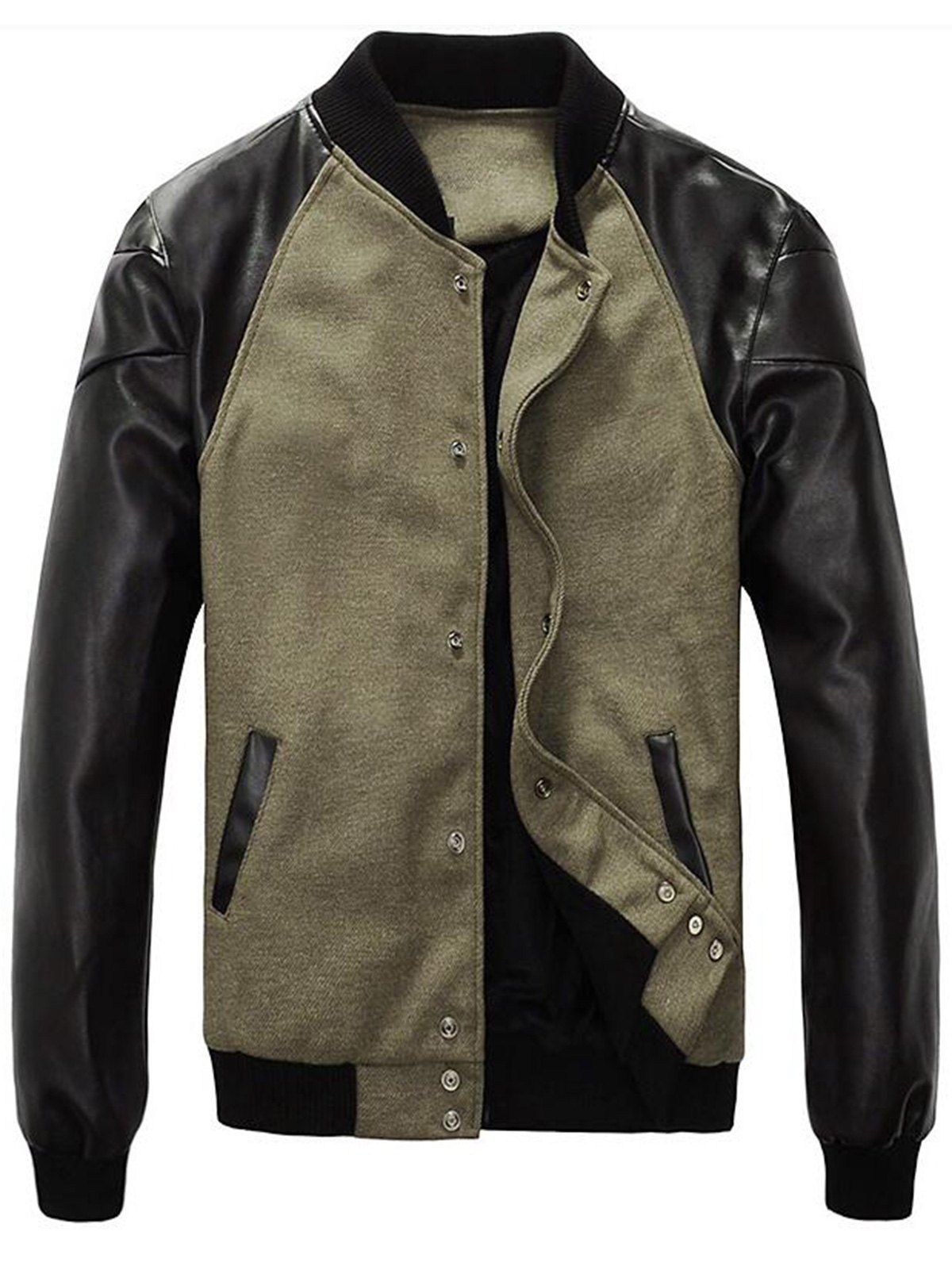 2019 Faux Leather Panel Snap On Wool Bend Jacket Rosegal Com Unique Faux Leather Panel Snap On Wool Bend Jacket