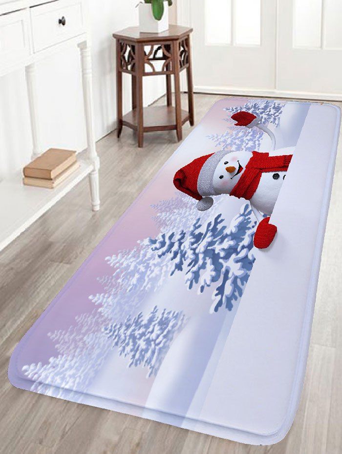 

Christmas Snowscape Snowman Print Flannel Antiskid Bath Mat, White