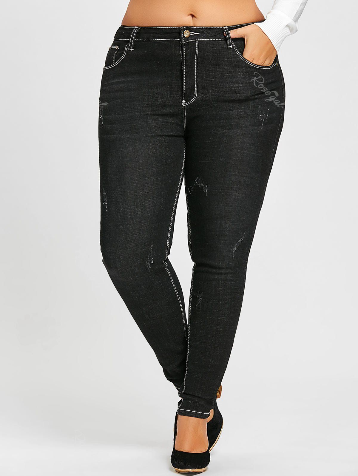 

Plus Size Destroyed Wash Skinny Jeans, Black