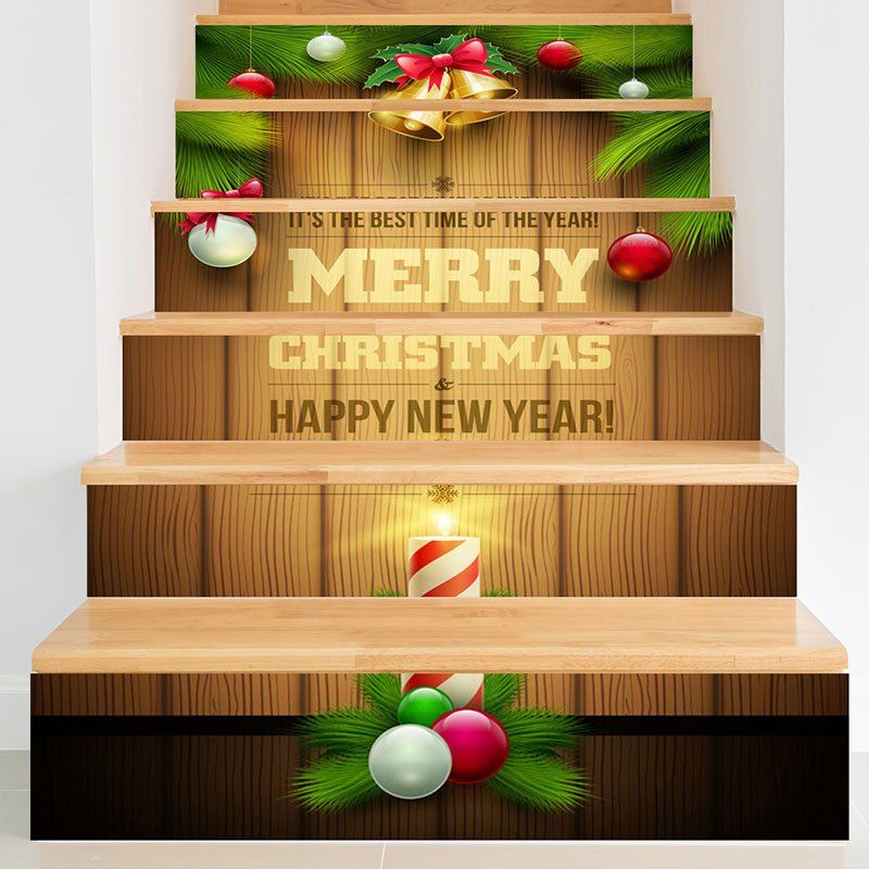 

Christmas Woodgrain Pattern Decorative Stair Stickers, Colorful