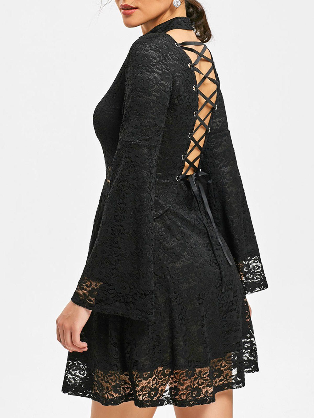 

Back Tie-up Mock Neck Gothic Lace Dress, Black