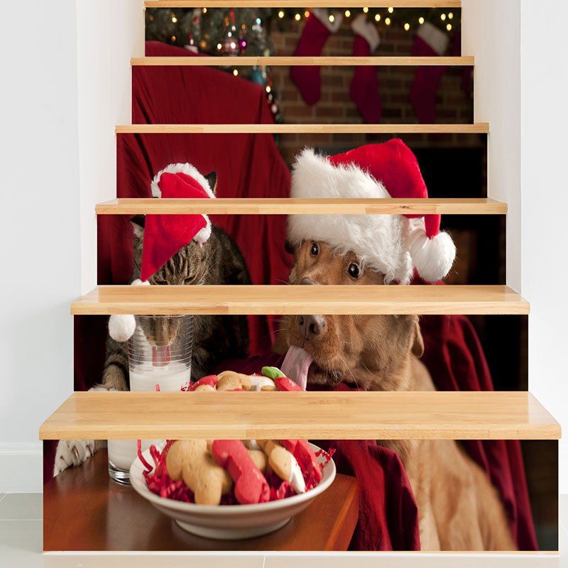 

Christmas Dog Cat Pattern Decorative Stair Stickers, Colorful