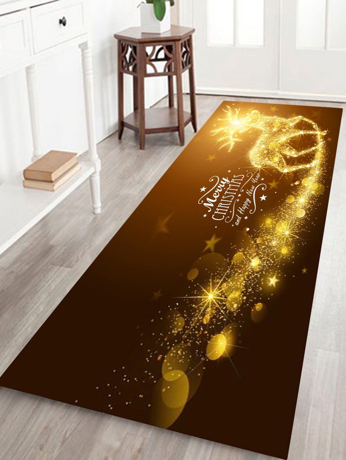 

Sparkling Christmas Deer Print Coral Fleece Antiskid Bath Mat, Gold brown