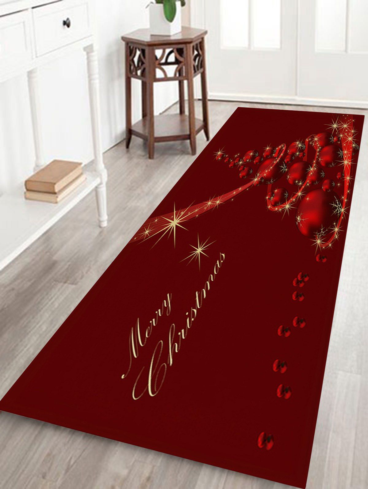 

Christmas Balls Tree Print Fleece Antiskid Bath Rug, Deep red