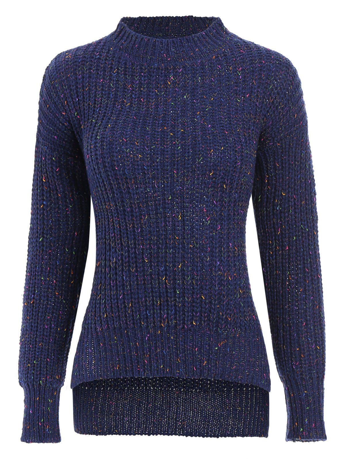 

Crew Neck Side Slit High Low Sweater, Blue