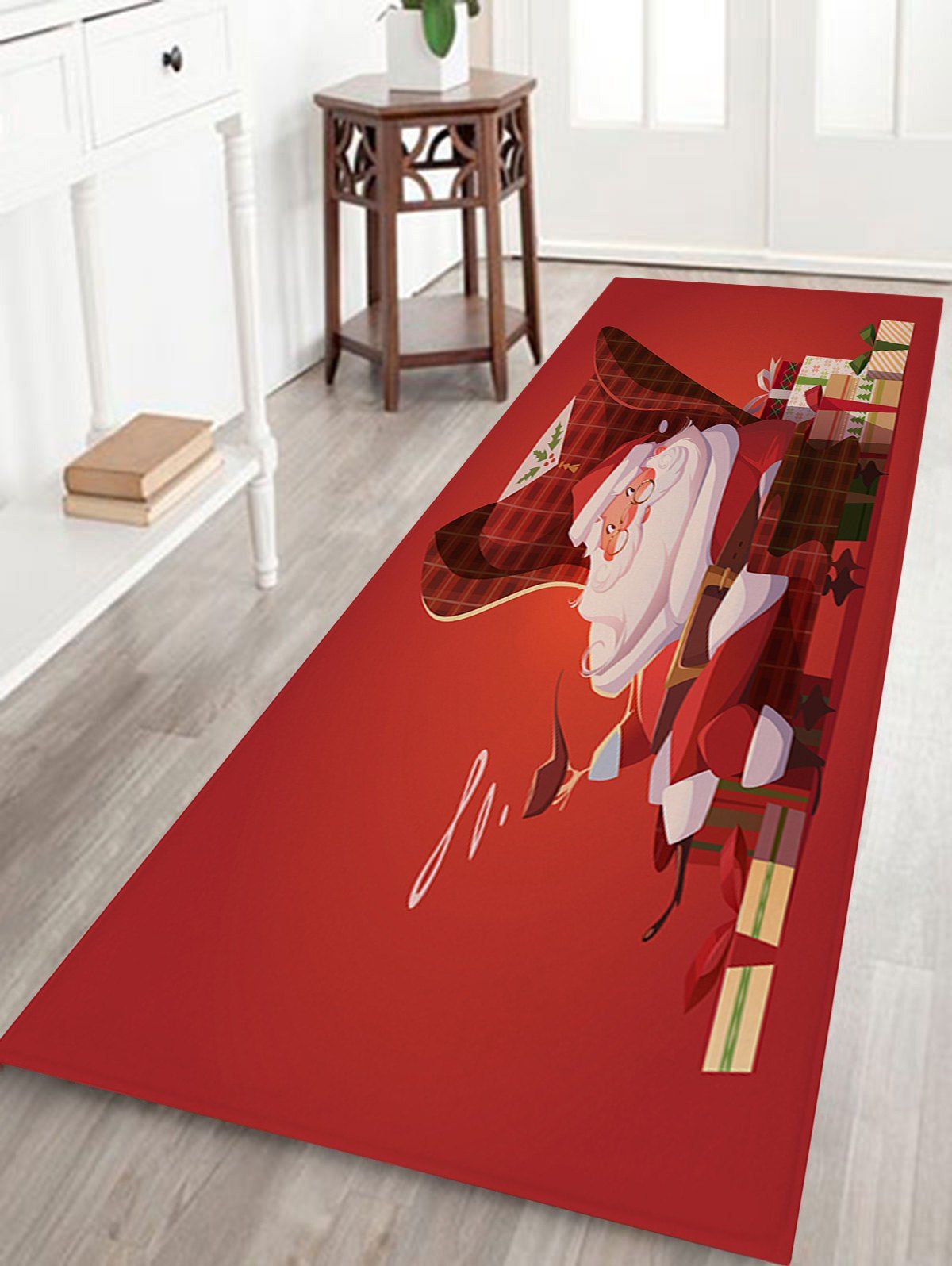 

Santa Claus Christmas Gift Print Coral Nonslip Fleece Bath Rug, Red