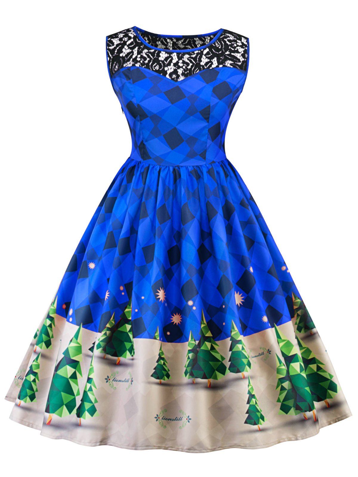 

Vintage Christmas Lace Insert Pin Up Skater Dress, Blue