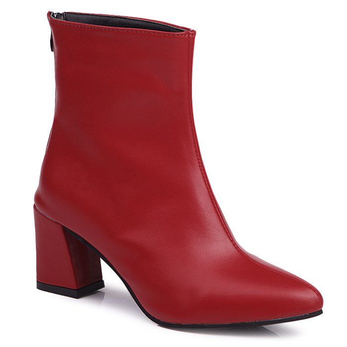 

Block Heel Pointed Toe Short Boots, Red