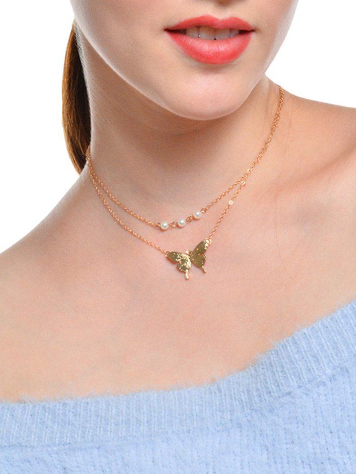 

Layered Faux Pearl Butterfly Collarbone Necklace, Golden