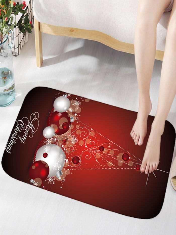 

Christmas Balls Pattern Antislip Flannel Bath Rug, Dark red
