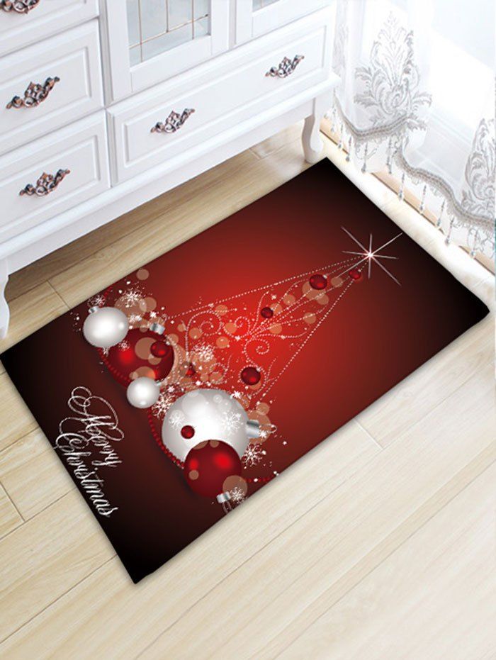 

Christmas Balls Pattern Antislip Flannel Bath Rug, Dark red