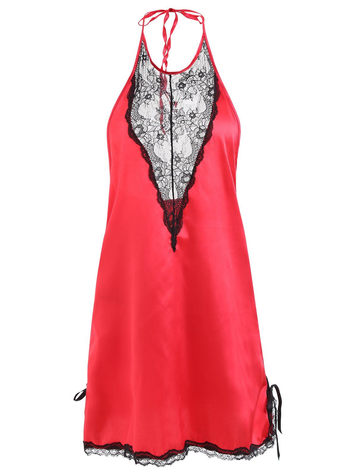 

Satin Lace Insert Backless Babydoll, Red
