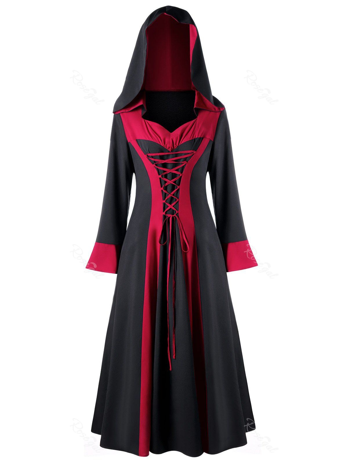 

Plus Size Flare Sleeve Two Tone Lace Up Hooded Dress, Black&red