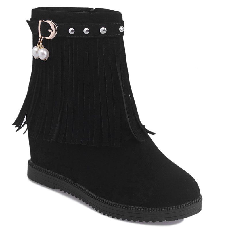 

Height Increase Faux Pearl Fringe Rivets Boots, Black