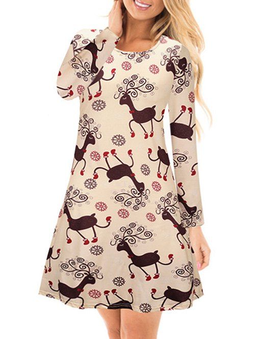 

Snowflake Deer Printed Long Sleeves Dress, Apricot