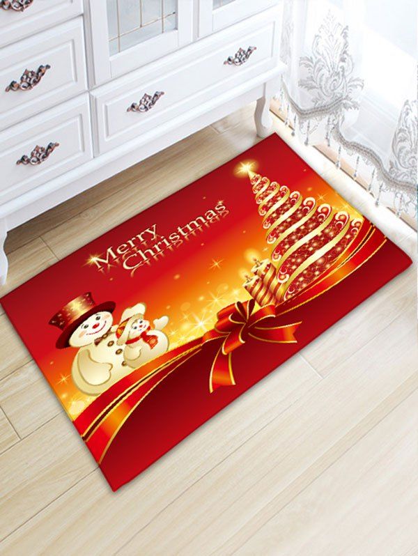 

Christmas Tree and Two Snowmen Print Nonslip Flannel Bath Mat, Red