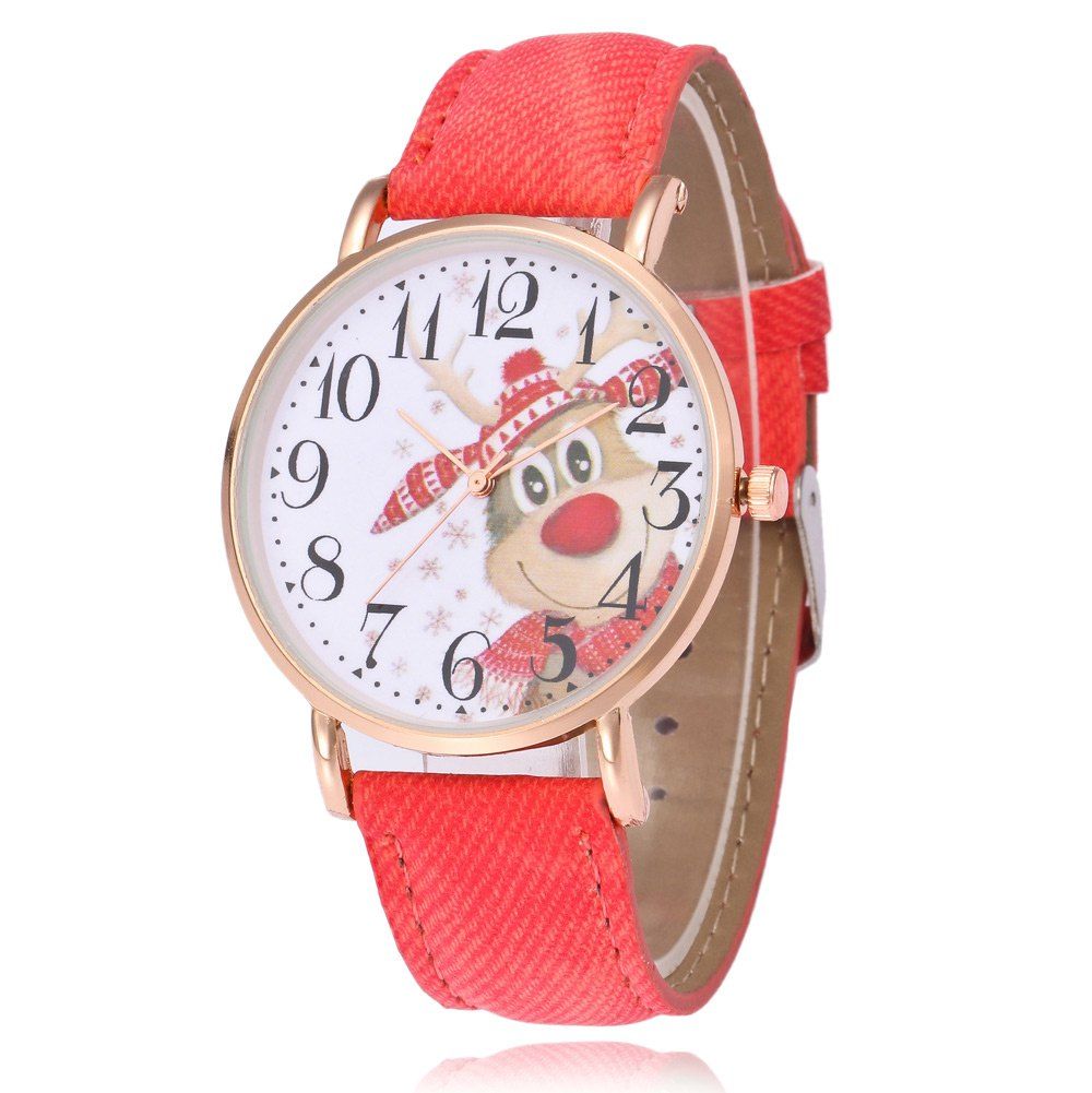 

Faux Leather Strap Christmas Deer Face Watch, Red