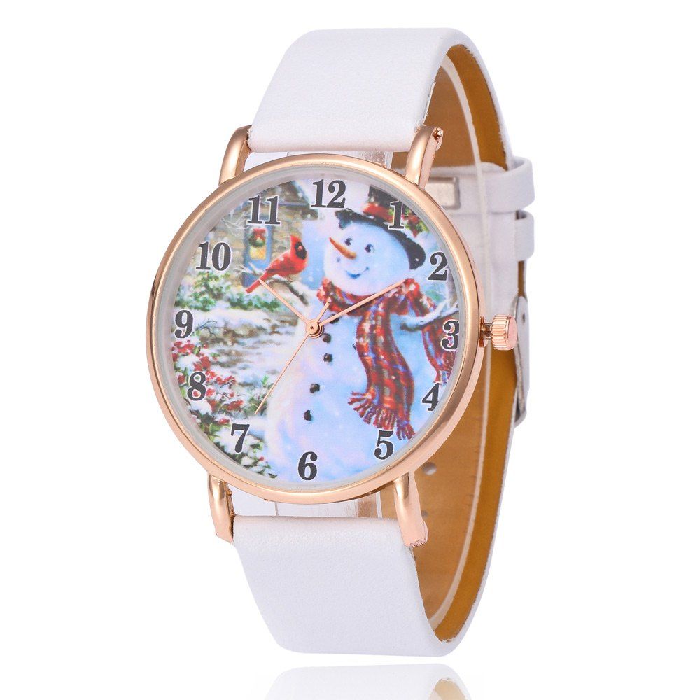 

Faux Leather Strap Christmas Snowman Face Watch, White