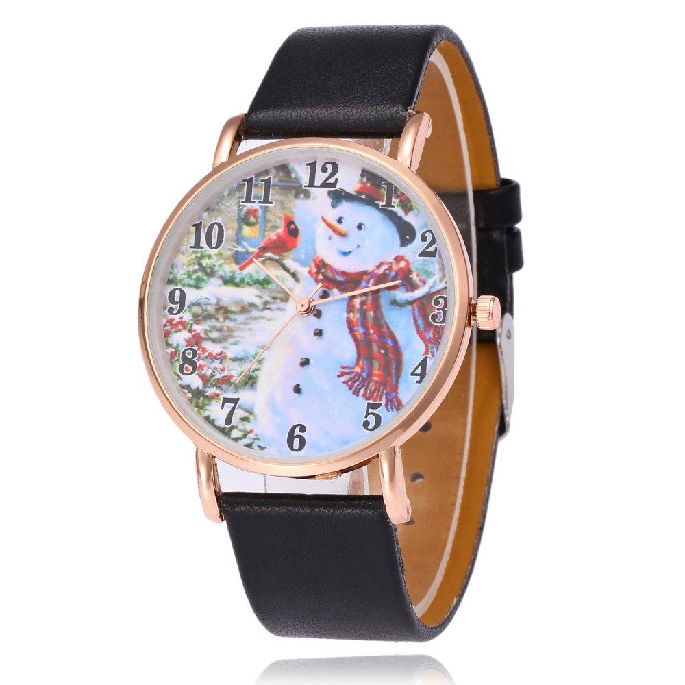 

Faux Leather Strap Christmas Snowman Face Watch, Black