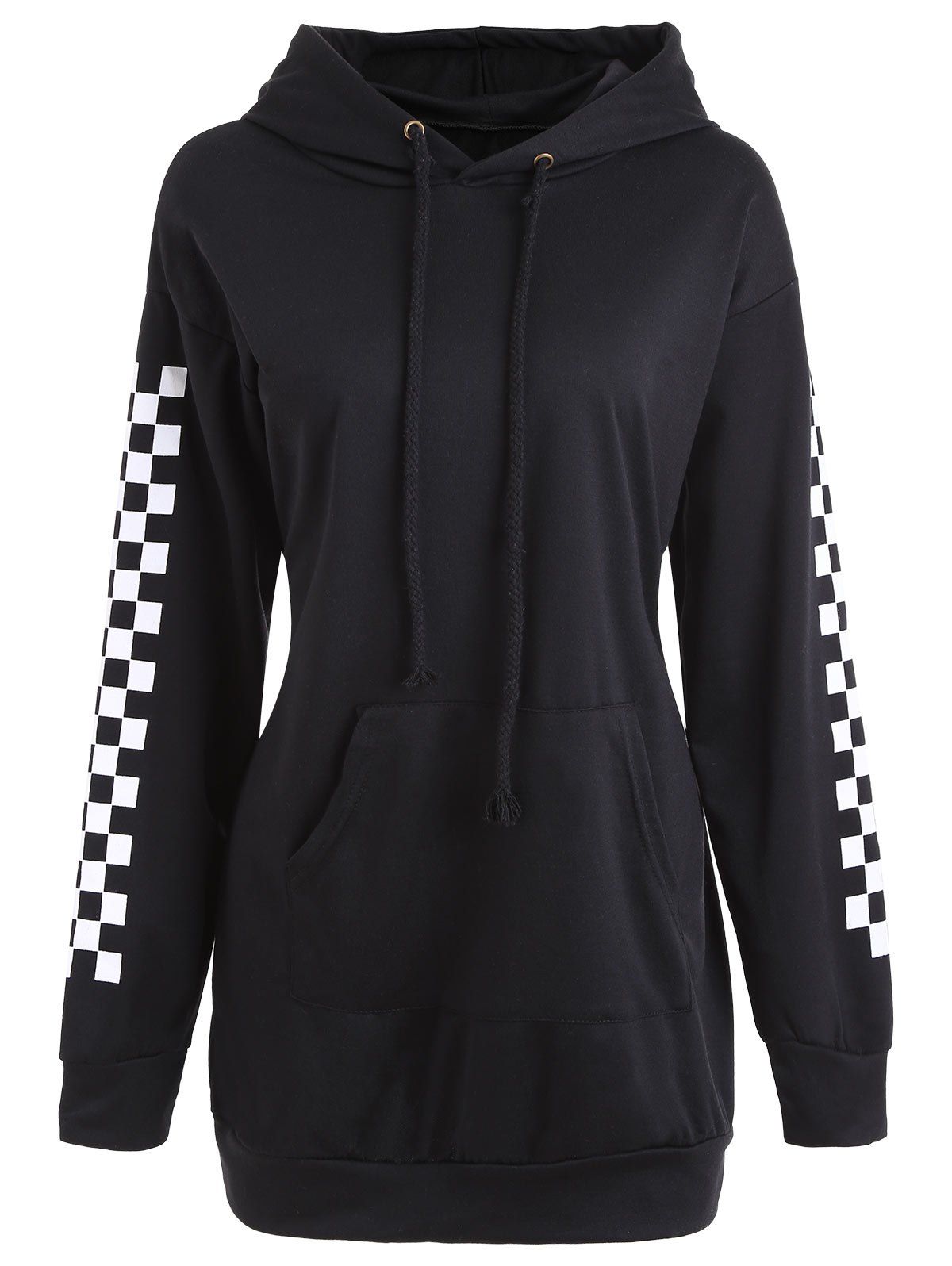 

Drawstring Grid Mini Hoodie Dress, Black