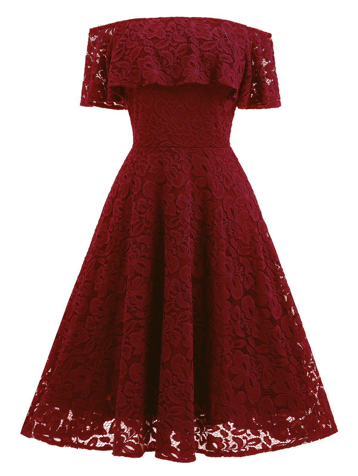 

Lace Ruffle Vintage Off The Shoulder Dress, Wine red