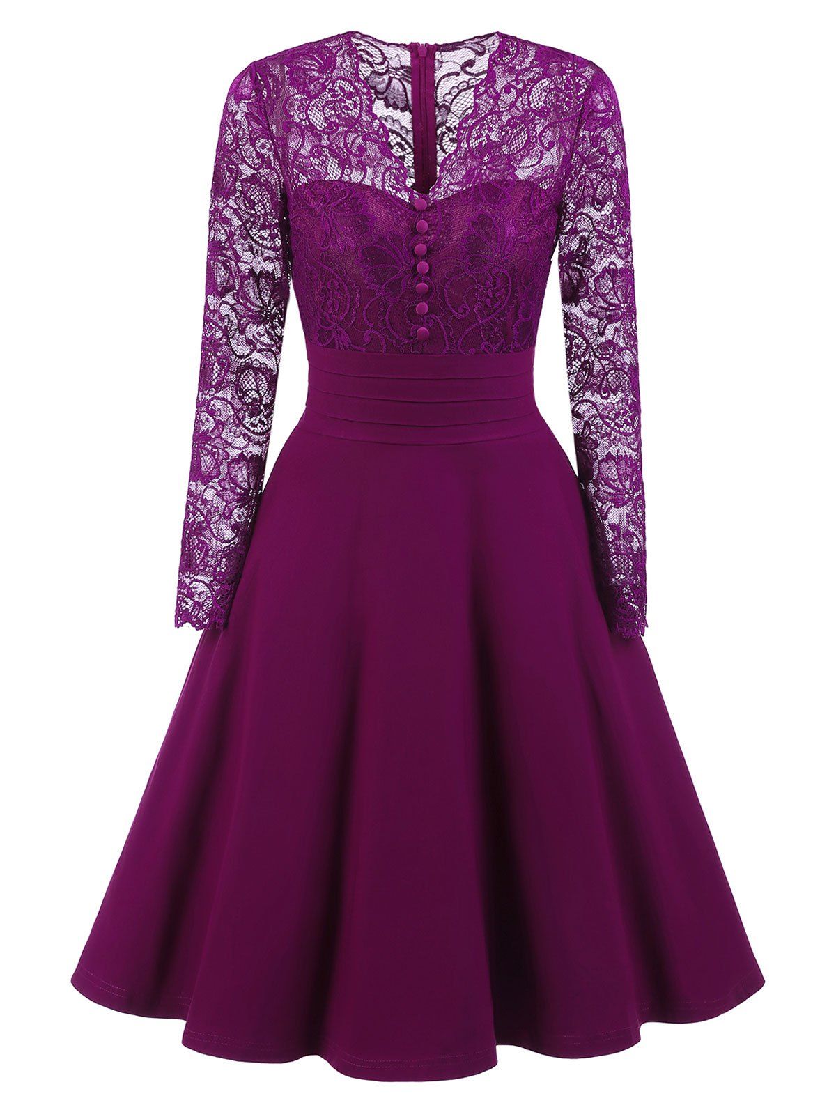 

V-neck Lace Trim Vintage A Line Dress, Purple