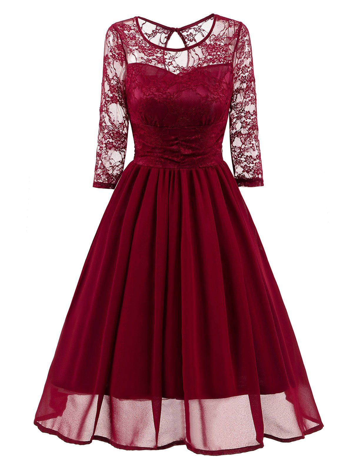 

Lace Mesh Insert Vintage A Line Dress, Wine red