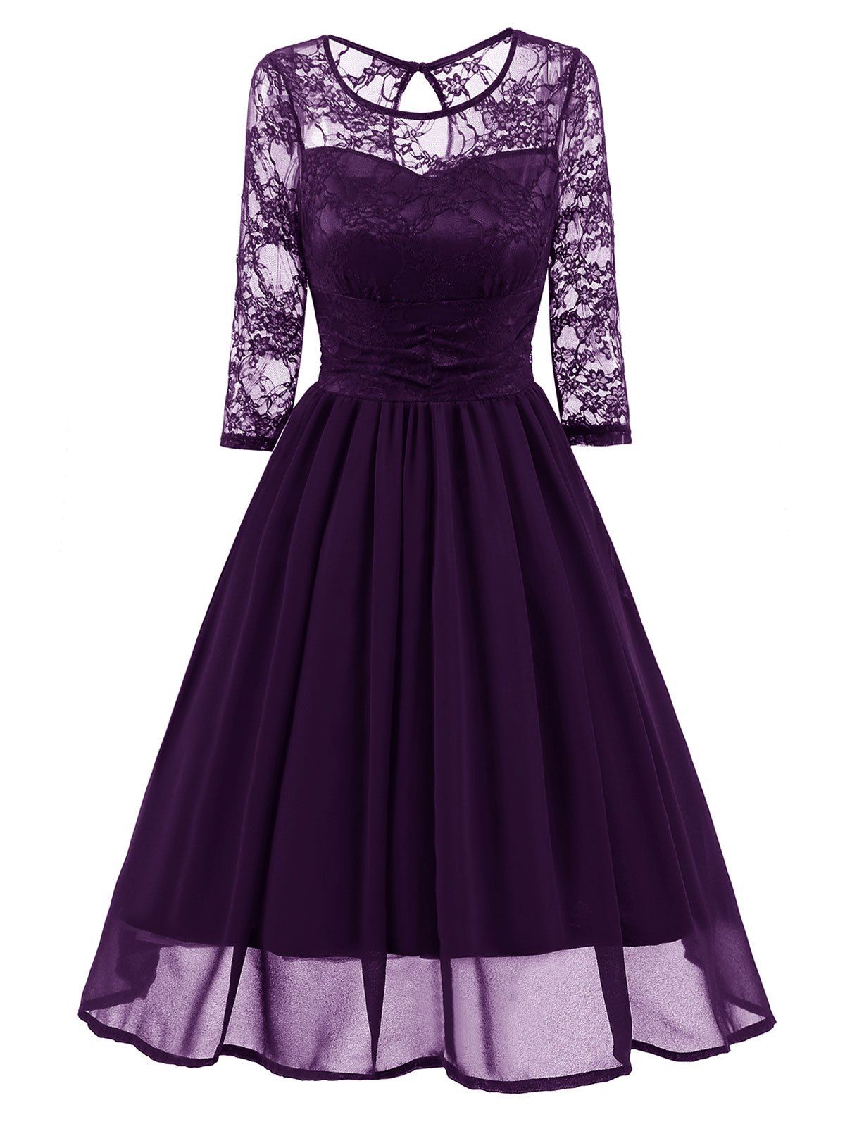 

Lace Mesh Insert Vintage A Line Dress, Purple