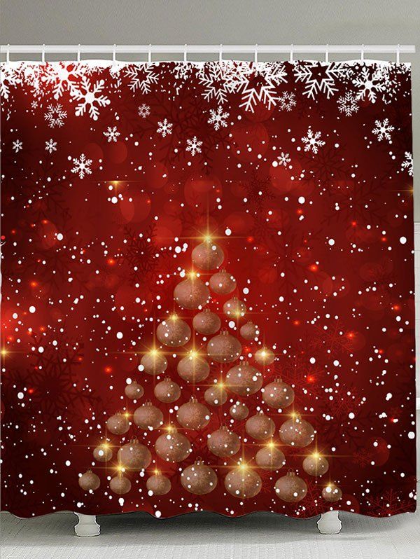 

Snowflakes Balls Christmas Tree Patterned Shower Curtain, Red and white