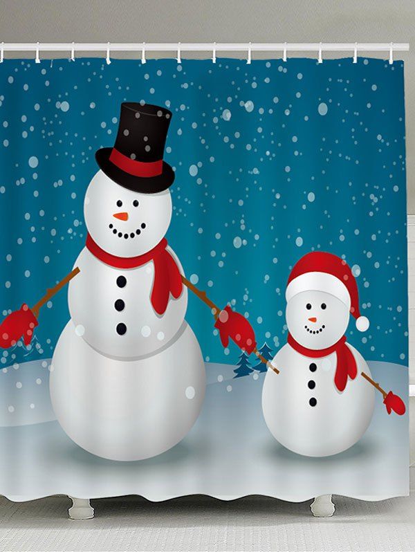

Two Christmas Snowmen Patterned Bath Curtain, Blue and white