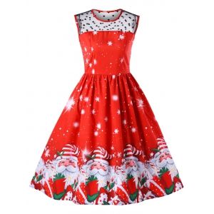 

Christmas Mesh Insert Santa Claus Print Dress, Red